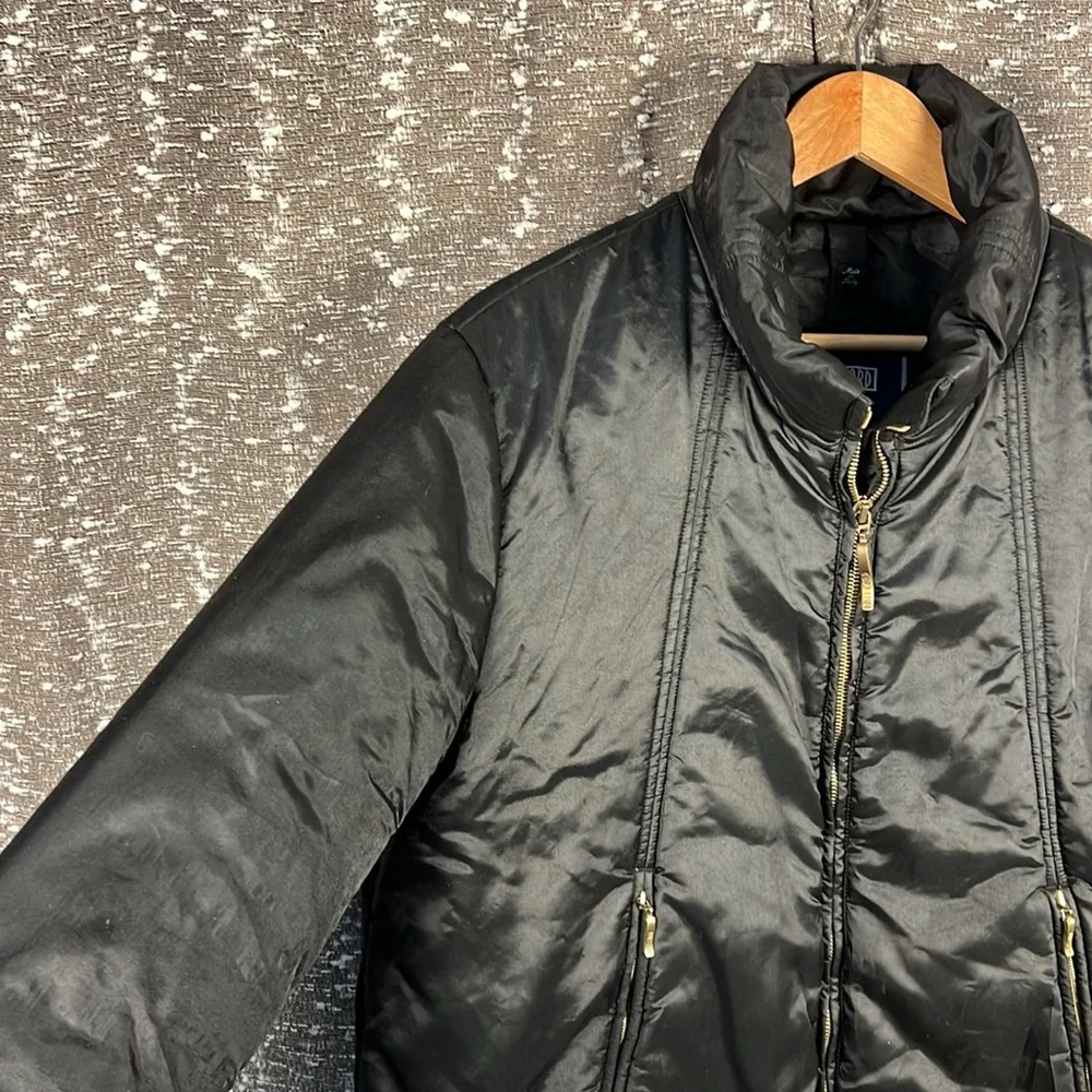 Vintage Post Card Puffy Zip Up Italy Ski Winter‎ Black Jacket Coat Size 10